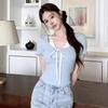 Sweet and spicy fake two-piece neck sling pleated lace-up short-sleeved T-shirt women's summer new Korean niche short top