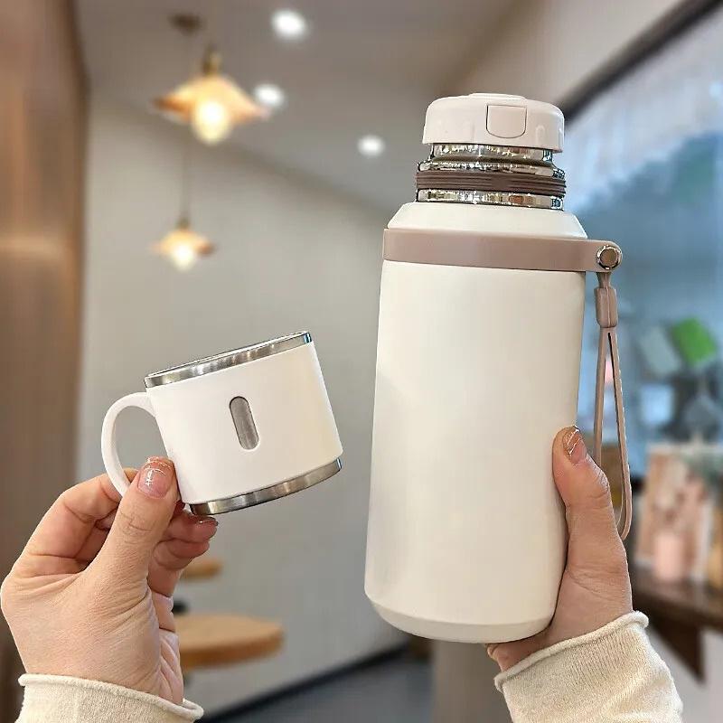 Stainless Steel Insulated Bottle With Cup Lid Tea Infuser Portable Travel Thermos Mug With Strap Leakproof 600ml 800ml For Office Outdoor Use