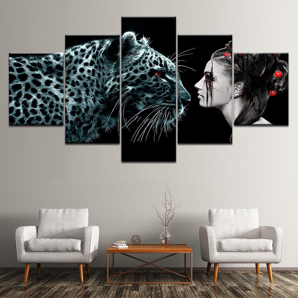 Canvas Painting Popular Leopard and Woman 5 Pieces Wall Art Painting Modular Wallpapers Poster Print for living room Home Decor