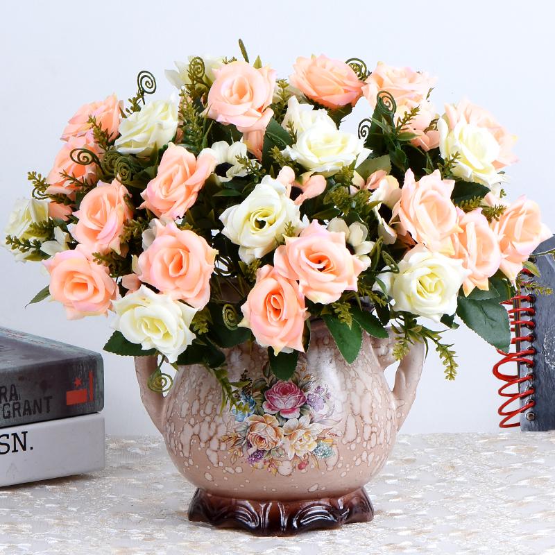 European Rose Silk Floral Arrangement - Artificial Bouquet for Living Room & Dining Table Decor