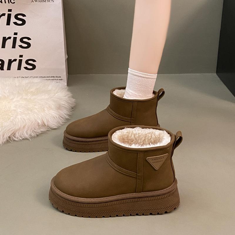 Women's 2025 Autumn/Winter Korean Fleece-Lined Leather and Fur Snow Boots with Thick Soles