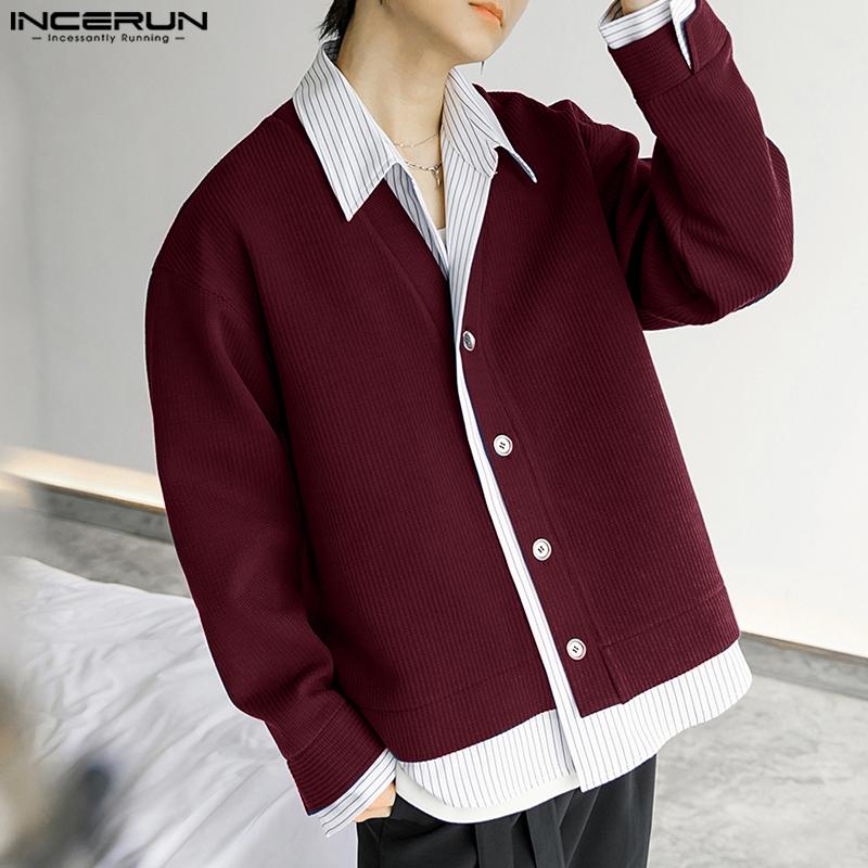 INCERUN Cămăși de Primăvară pentru Bărbați cu Guler Rever, Mânecă Lungă, Patchwork în Dungi, Nasturi, Topuri din Catifea Cord