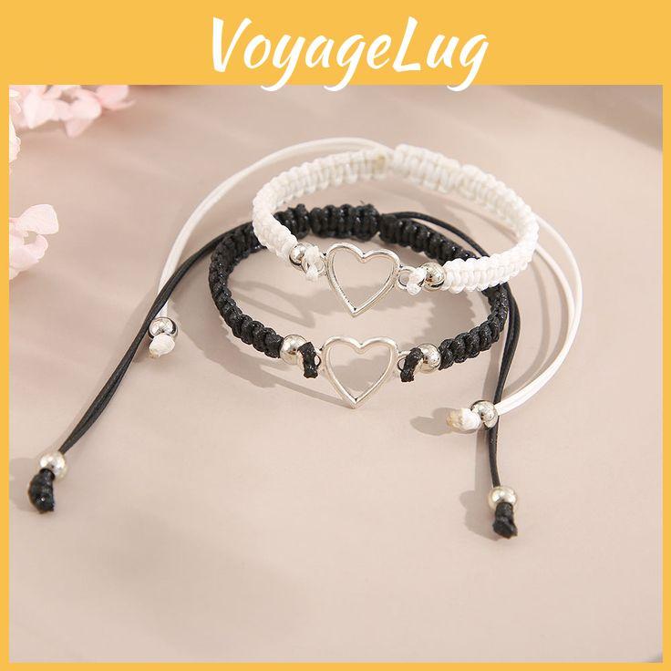Creative Couple Black And White Bracelet With Hollow Love Heart Design Adjustable Alloy Bracelet