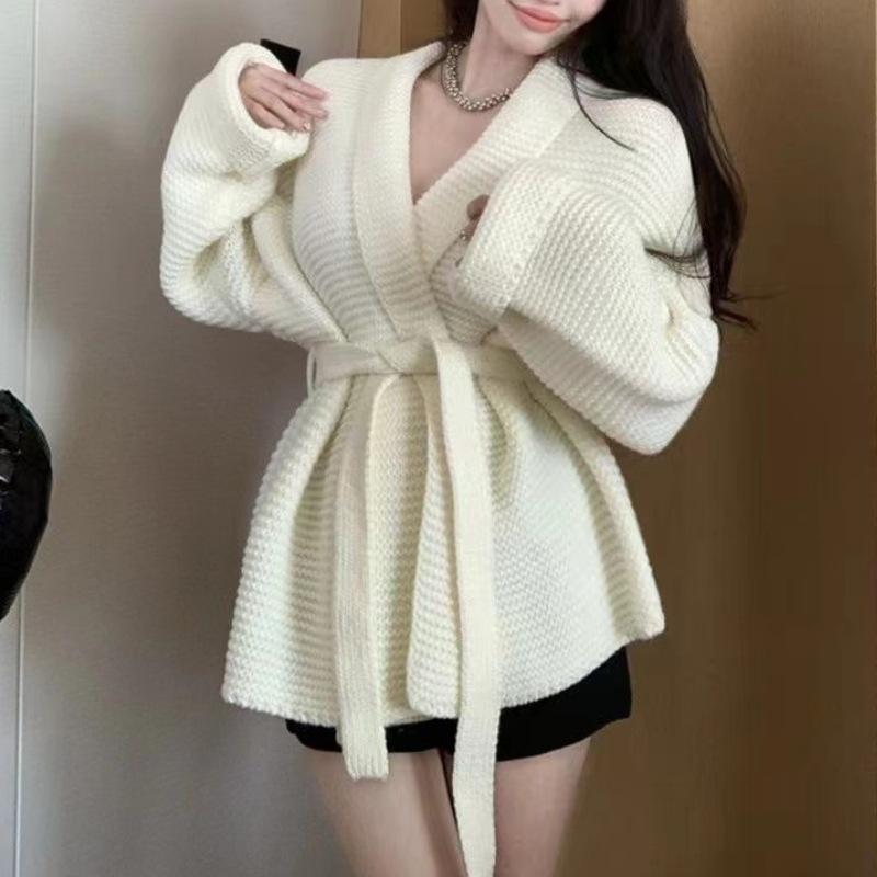 Lace-up sweater jacket women's autumn and winter new French design sense loose lazy style thin V-neck knitted cardigan women