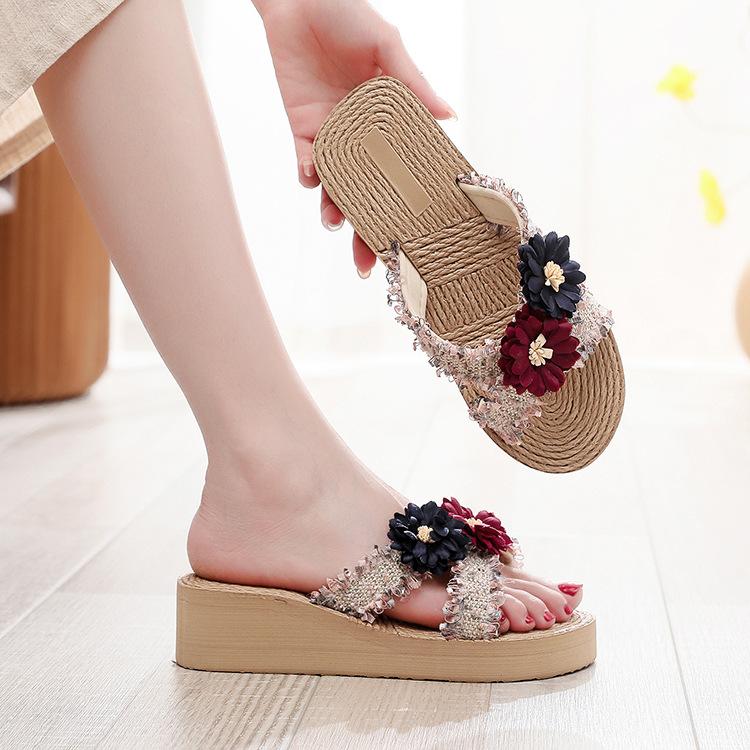 Imitation grass woven linen bottom women's cool slippers with small fragrant style cross fabric strap Korean trend thick soled