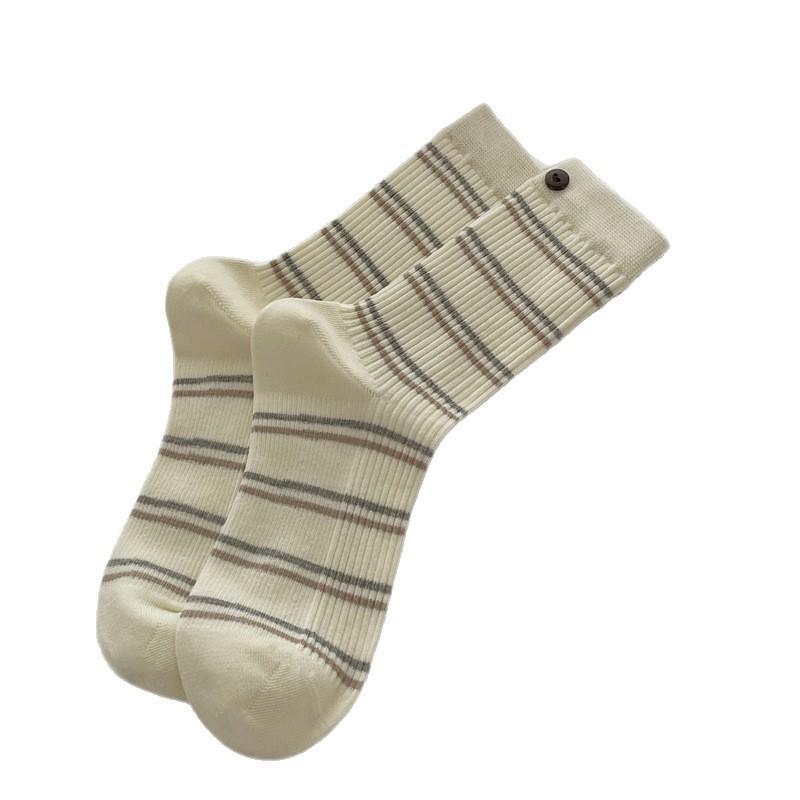 Autumn and Winter, Slightly Pressed Heel Button Pure Cotton Mid-calf Socks, Girls' School Style Pile Socks, Vertical Striped Long Calf Socks