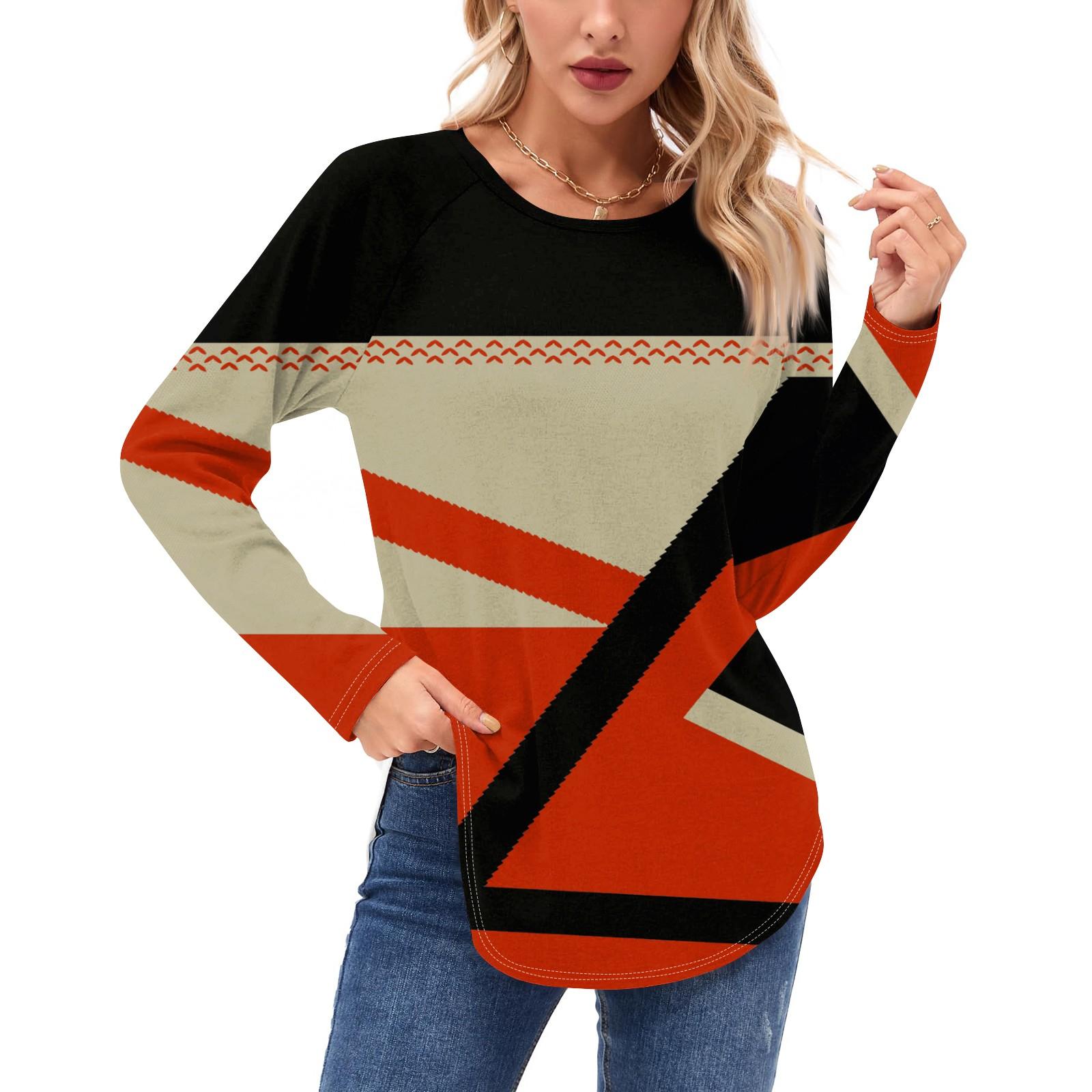 

Женские рубашки с длинным рукавом, повседневная мода, туника с геометрическим принтом, топы с круглым вырезом, базовая свободная футболка L темно-фиолетового