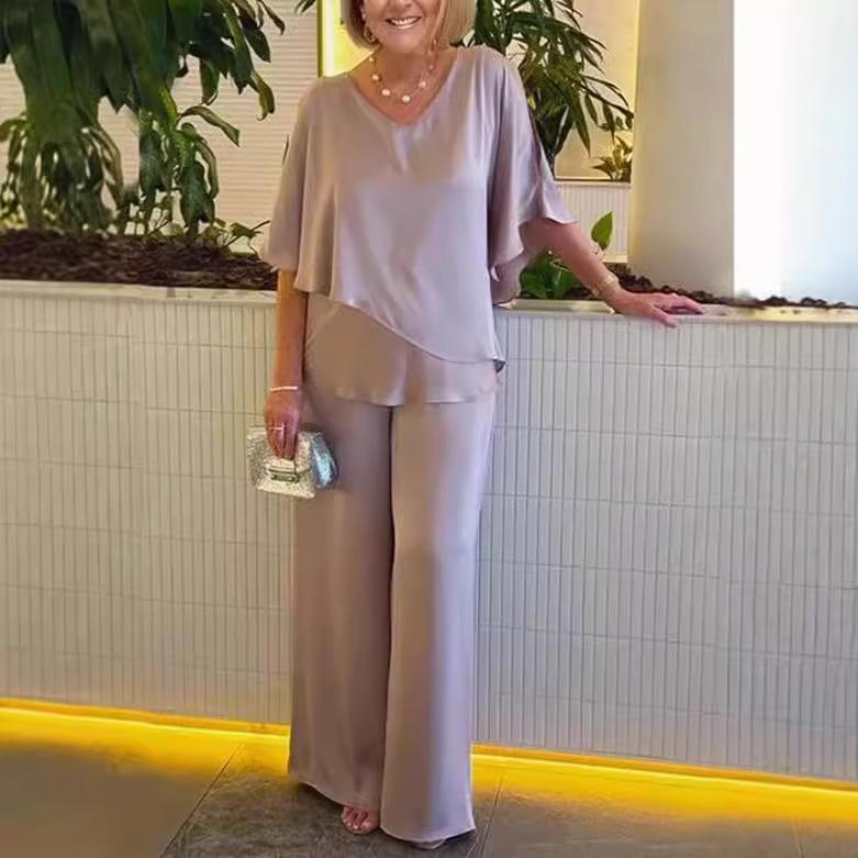 Plus Size V-Neck Solid Color Casual Set with Irregular Hem (2024)