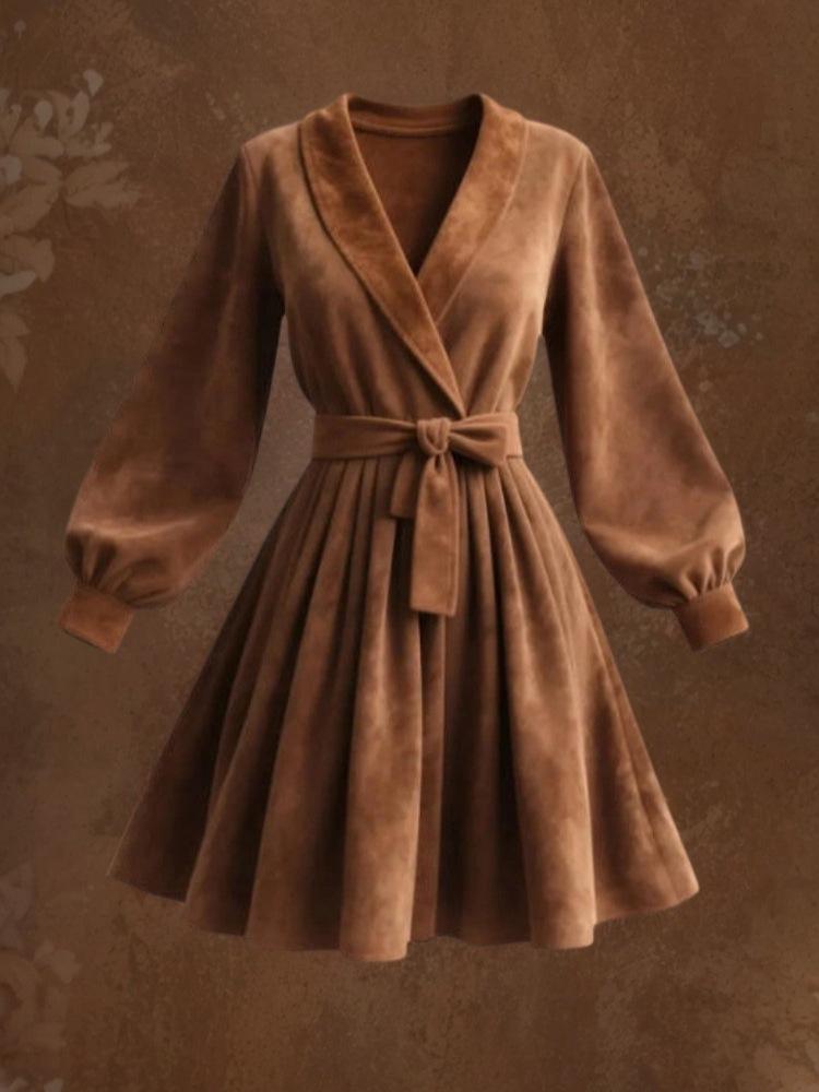 2026 Camel Suede Lapel Lace-up Short Coat Dress - European & American Retro Bathrobe Style