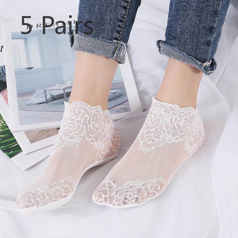 

5 пар летних кружевных носков, женские кружевные носки, сетчатые дышащие носки-лодочки, ультратонкие нескользящие низкие носки 5 Pairs белый
