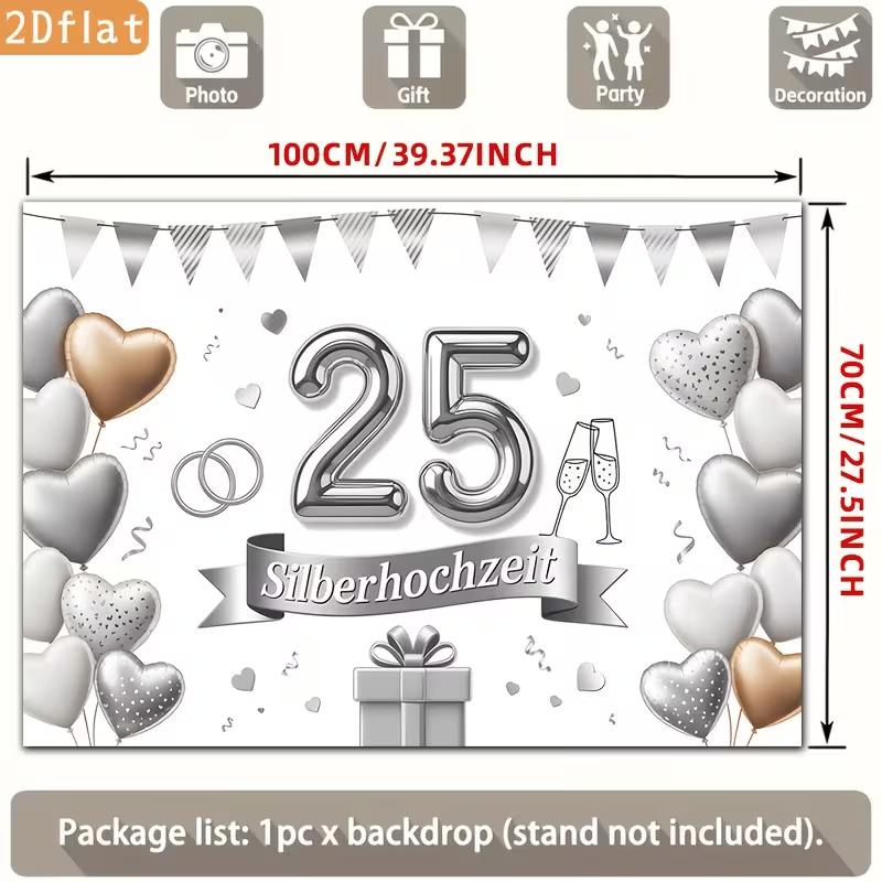 

2D 25th Silver Wedding Backdrop, Silberhochzeit Themed Party Photography Background Banner 47.2x31.5inch/120*80cm