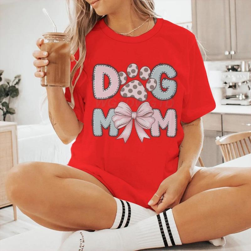 Dog Mom Graphic Crew Neck T-Shirt For Women CasualTee With Short Sleeves Pink Bow Paw Print Design Perfect For Mother's Day
