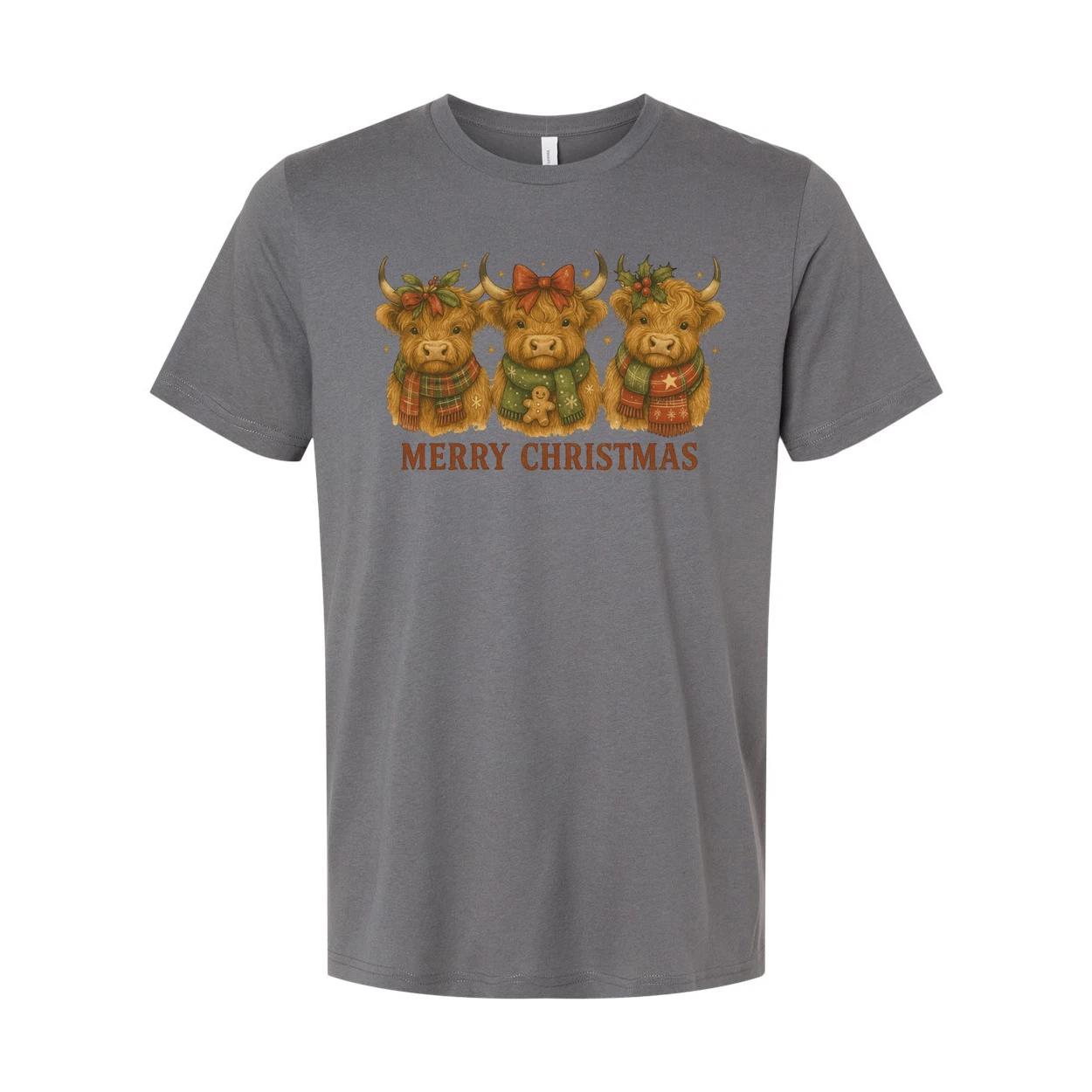 

Unisex Christmas T Shirt With Three Highland Cows In Holiday Scarves And Merry C 3XL