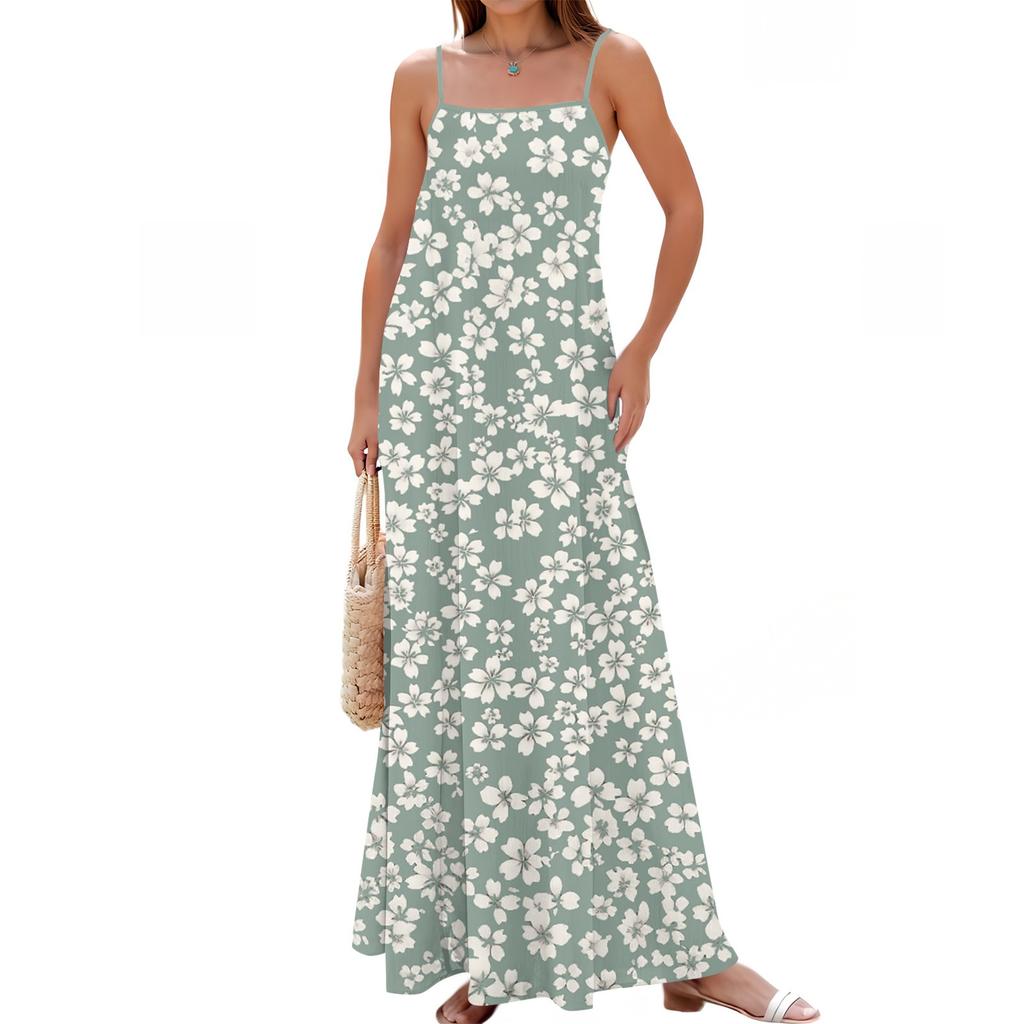 Women's Spring And Summer Casual Fashion Adjustable Suspenders Printed Long Dress