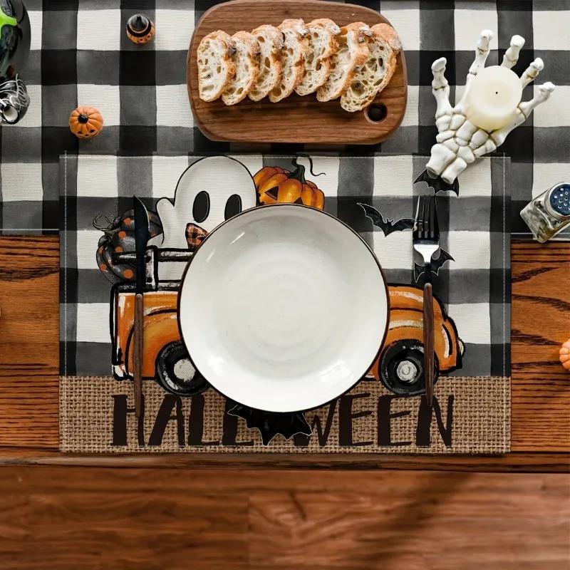1PC Halloween Linen Meal Mat with Grid Pattern Featuring Bats and Ghost Trucks Perfect for Kitchen Table Decoration