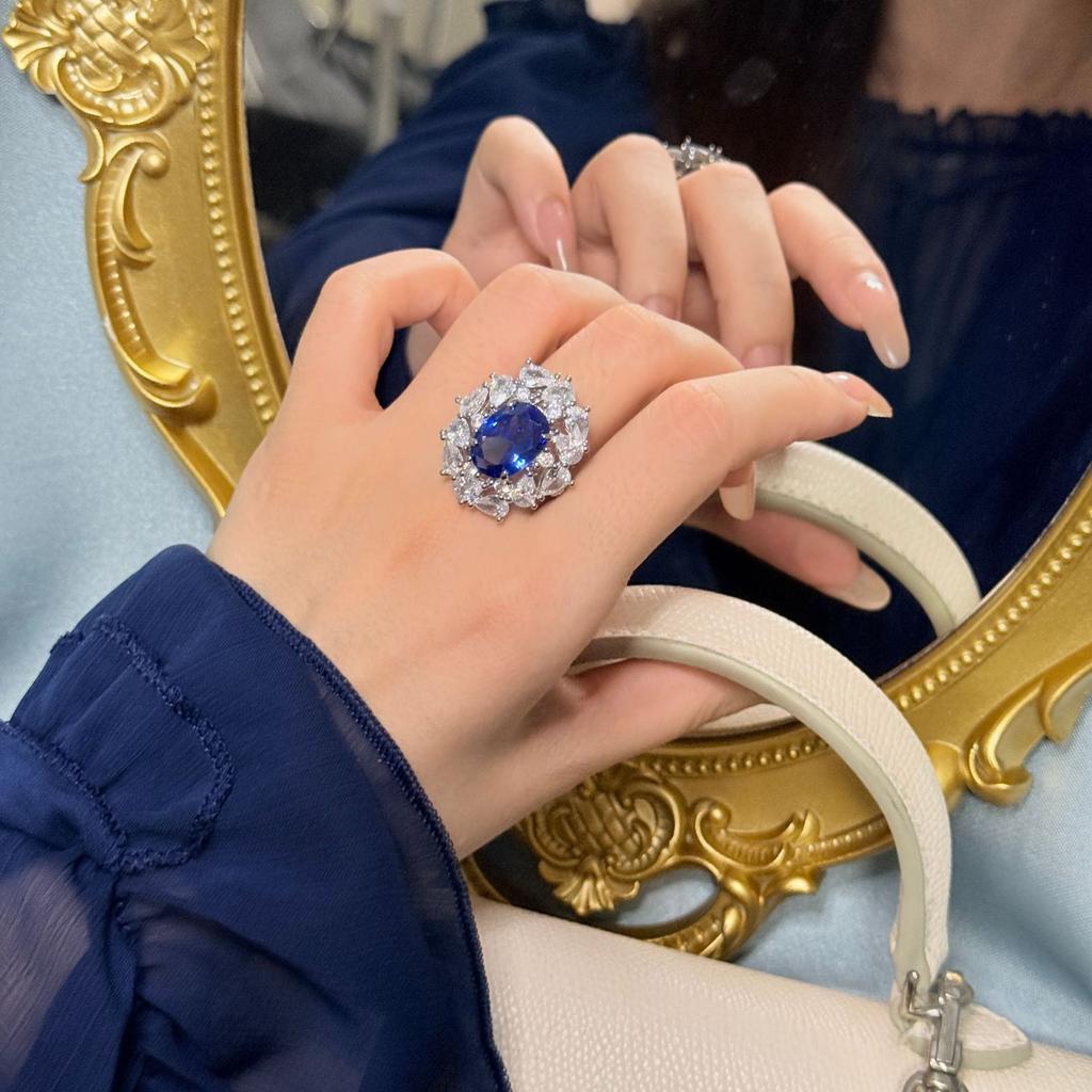 Simulation Sapphire Open Ring Female, High Carbon Diamond Water Drop Live Treasure Ring