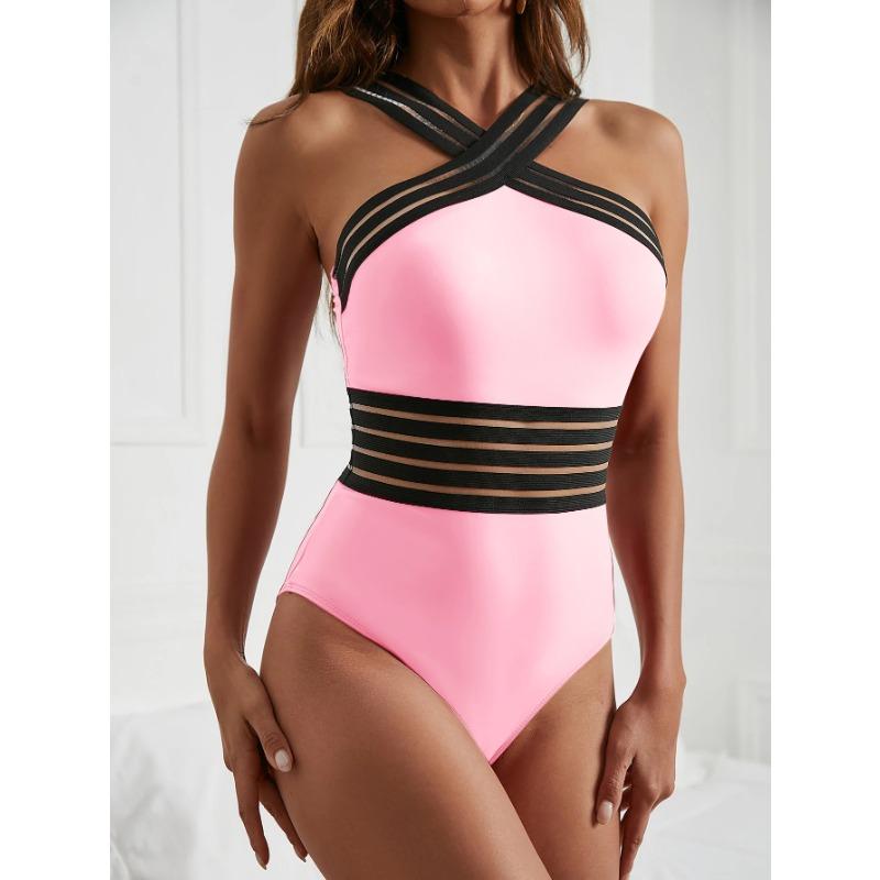 

2025 женский цельный купальник сексуальный сетчатый купальник с эффектом пуш-ап купальные костюмы сплошной халтер женская пляжная одежда монокини боди XXL розовый