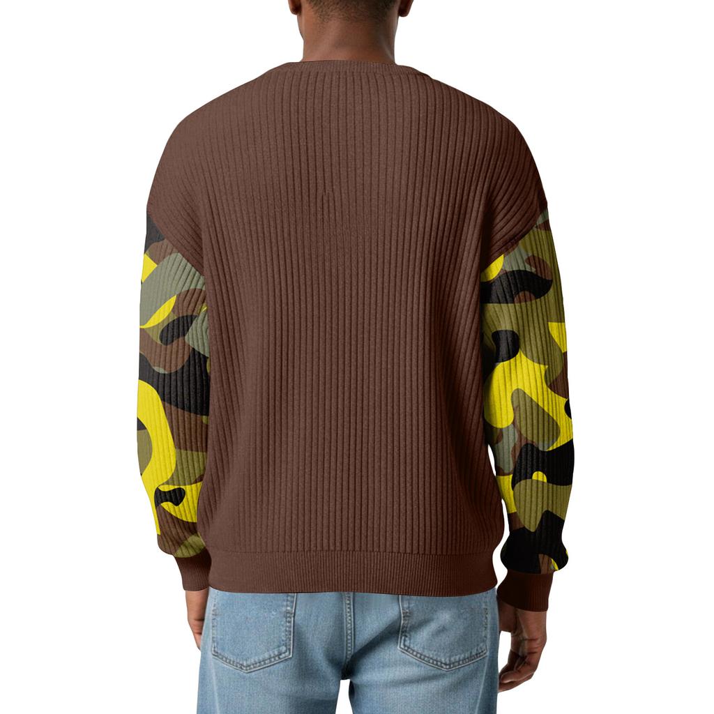 Men's Camouflage Stylish V-Neck Ribbed Textured Long-Sleeve T-Shirt