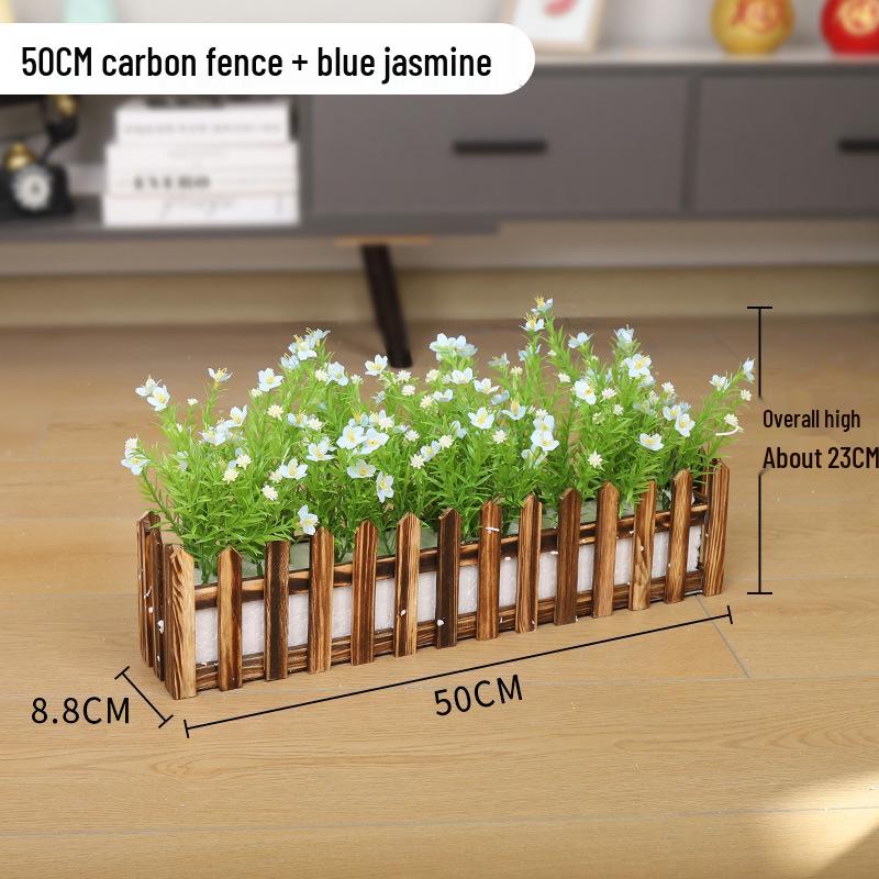 Silk Flower Pot with Wood Fence: Decorative Bonsai for Living Room or Office.