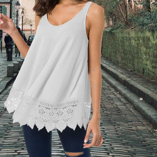 Women Vest Sleeveless Round Neck Lace Hem Solid Color Plus Size