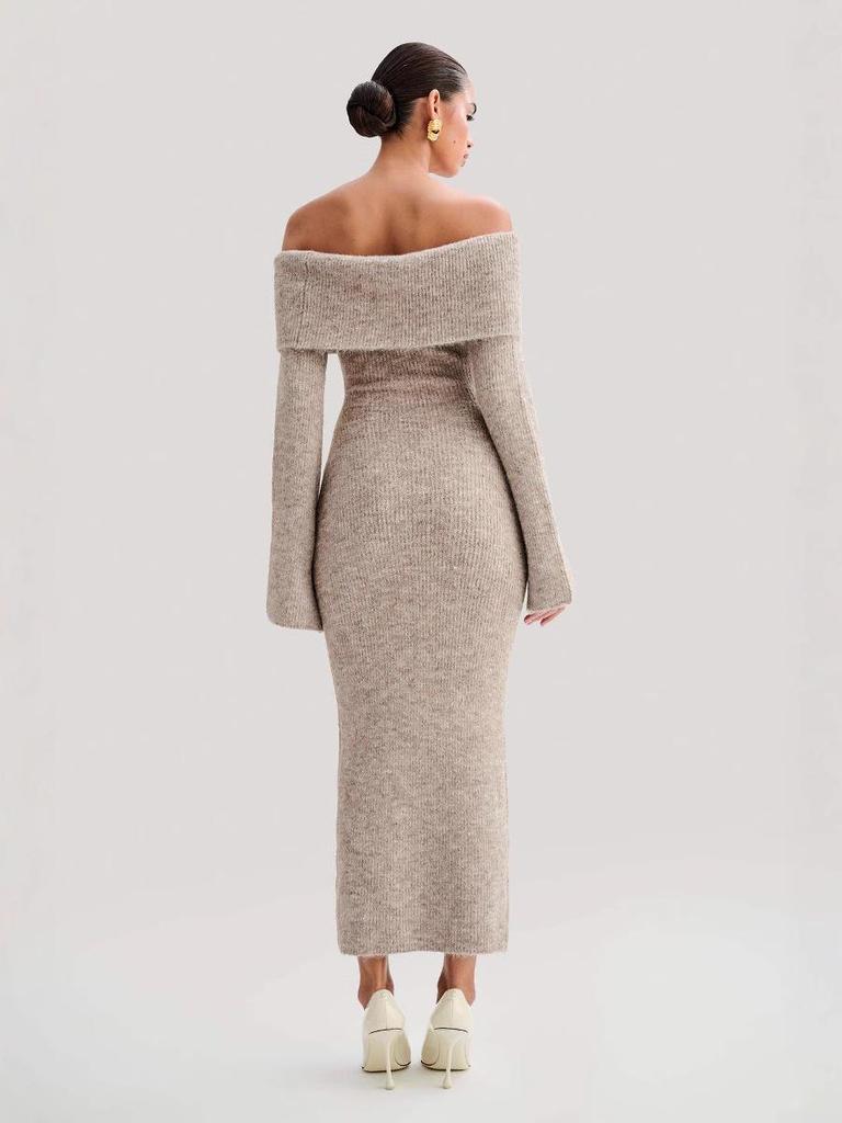 Women's Elegant Off-the-Shoulder Knit Dress with Lapel - European & American Style 2026