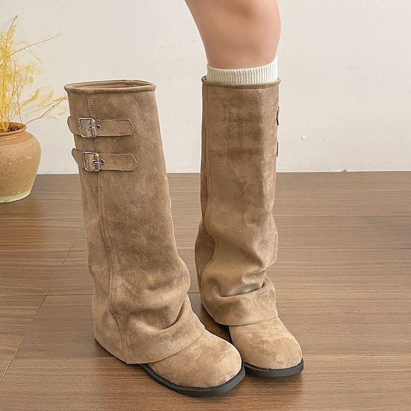 Retro belt buckle trouser boots women's new autumn thick heel pleated stack tall knight boots slim boots