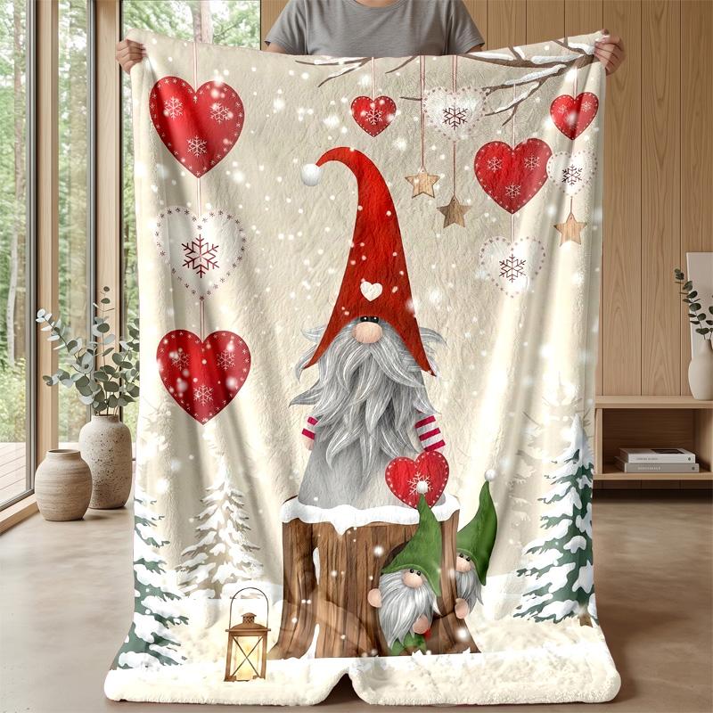 Snowy Gnome with Hearts Theme Blanket Lightweight Warm Flannel Blanket Decorative Throw Blanket for Home Decoration