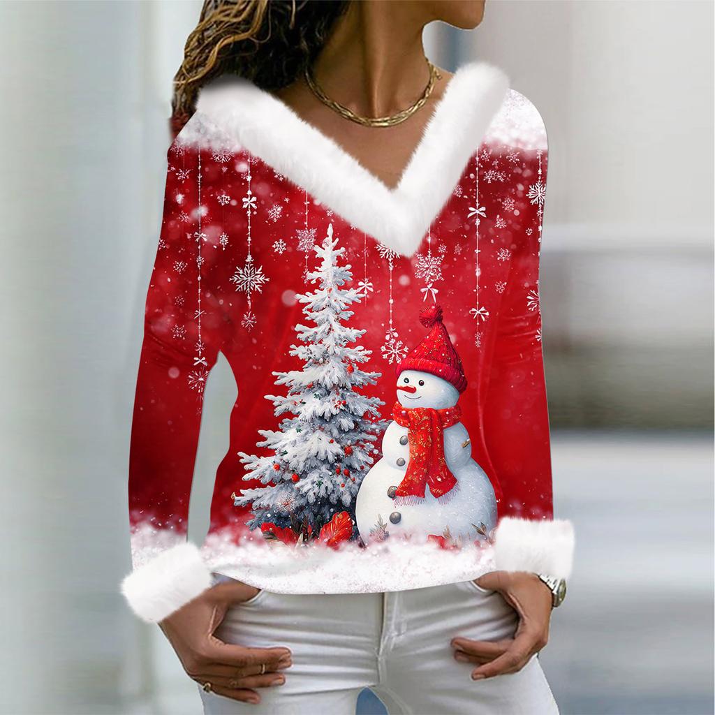 Tricou de damă Tricou Cămașă de Crăciun Cu mânecă lungă Petrecere cu imprimeu de Crăciun Top cu decolteu în V