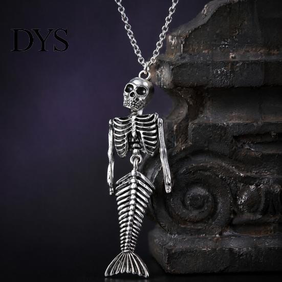 Mysterious Oceanic Gothic Pendant Skull Mermaid Skeleton Necklace, Dark Fantasy Jewelry Edgy Style Accessories for Women, Creative Spooky Accessory,