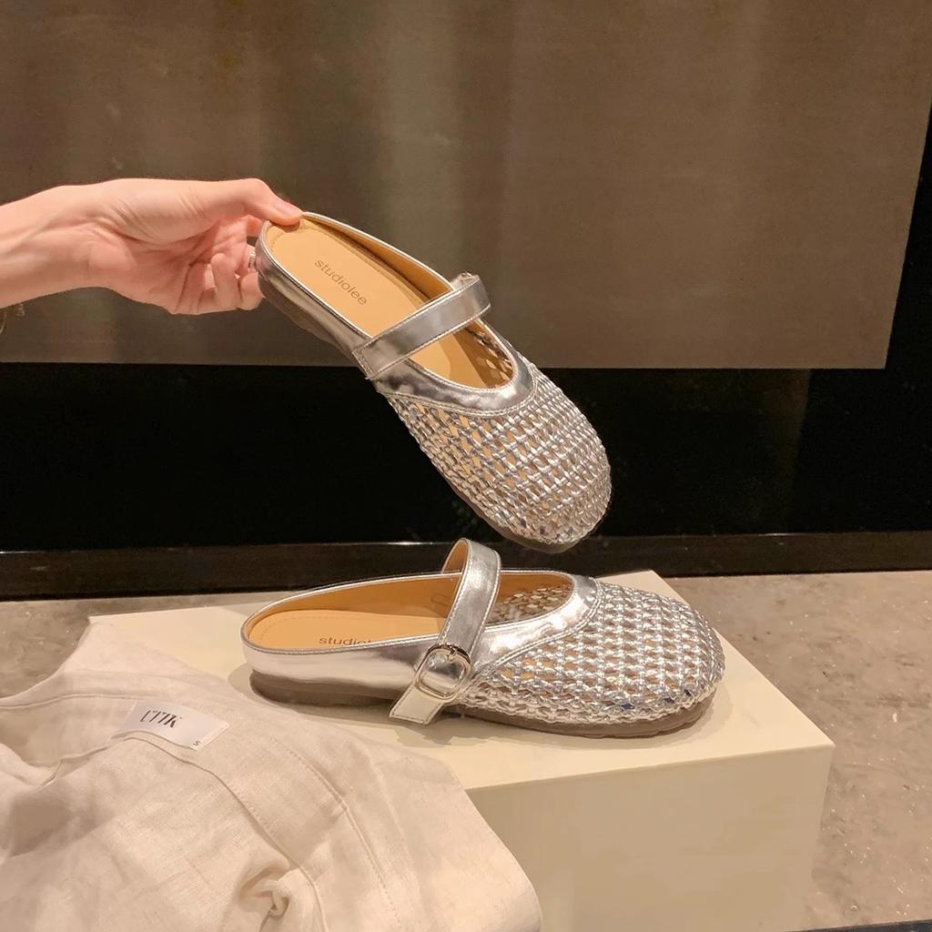 Hollow Woven Lazy One-word Belt Half-drag Women's New Summer Outer Wear Bag Head Cool Slippers