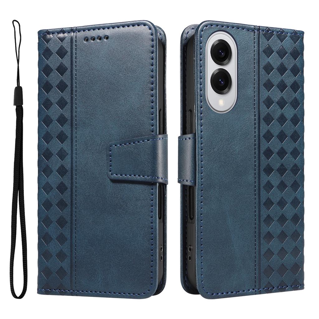 For Samsung Galaxy S25 Edge Leather Case Wallet Stand Grids Imprinted Phone Cover with Strap