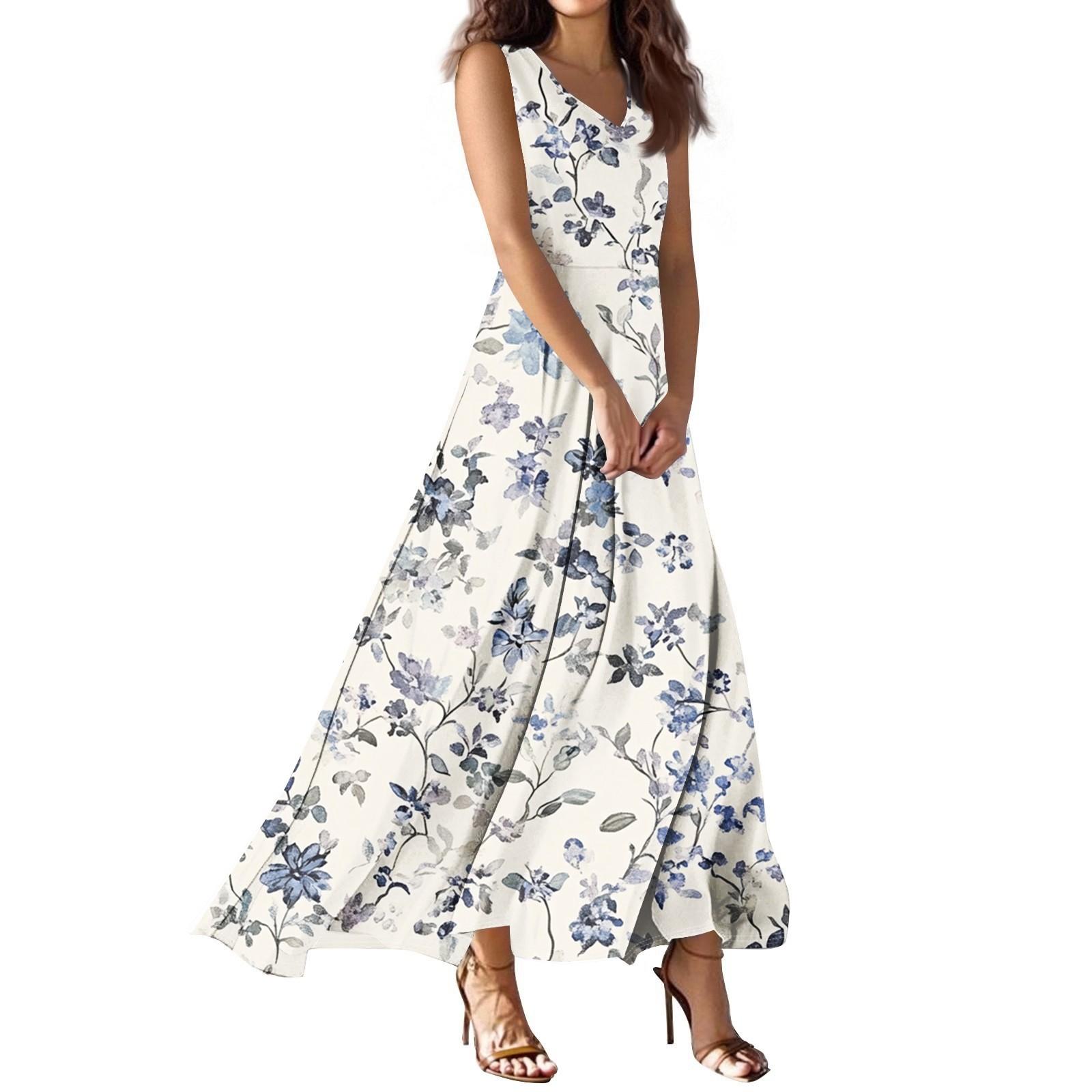 

Женское летнее повседневное модное платье с принтом, платье без рукавов с V-образным вырезом M тёмно-синий