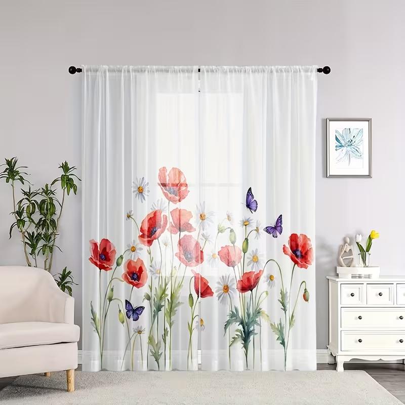 2PC Watercolor Red Poppy Daisy Butterfly Sheer Curtains - Boho Chic Light Filtering Window Drapes for Bedroom LivingRoom  Decor