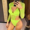 Costume da bagno intero da donna con maniche lunghe ritagliate a 3 colori Costume da bagno intero con taglio a gamba alta femminile Costume da bagno monokini con taglio a gamba alta