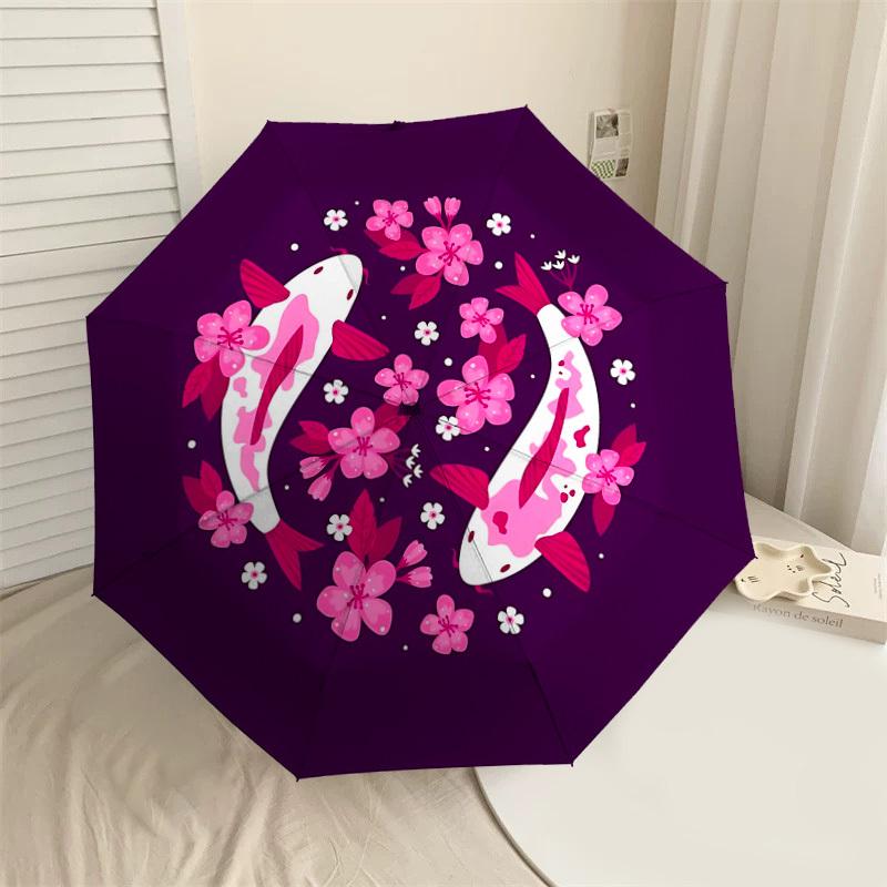 1pc Koi Fish Cherry Blossoms Automatic Folding Umbrella 8 Rib Iron Frame,  Suitable for Travel, Daily Use, Birthday, Women & Men Gift c1231024