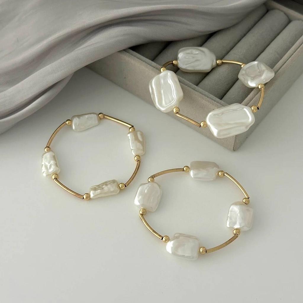 SHIXIN 3Pcs Elegant Irregular Imitation Pearl Bracelet for Women Retro Geometric Multi Layer Stackable Bangle Bracelet Set Gifts