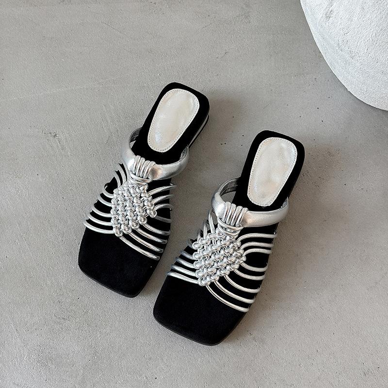 ~ Stepping on shit feels like wearing holiday style with skirt cool slippers women's square head woven hollow low heel comfortable Roman shoes