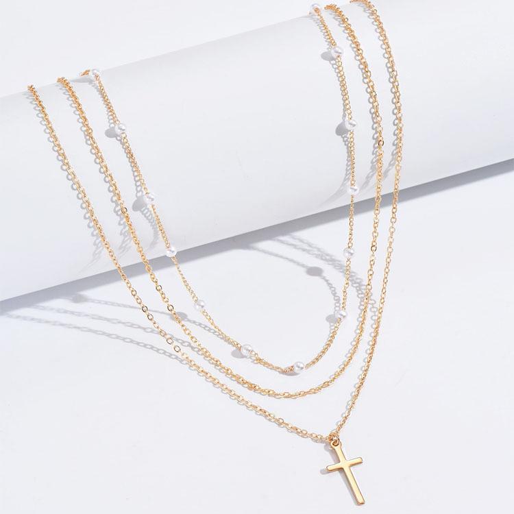 

Elegant European & American Cross Necklace with Pearl Clavicle Chain – Fashionable Multi-Layered Women s Accessory золотой