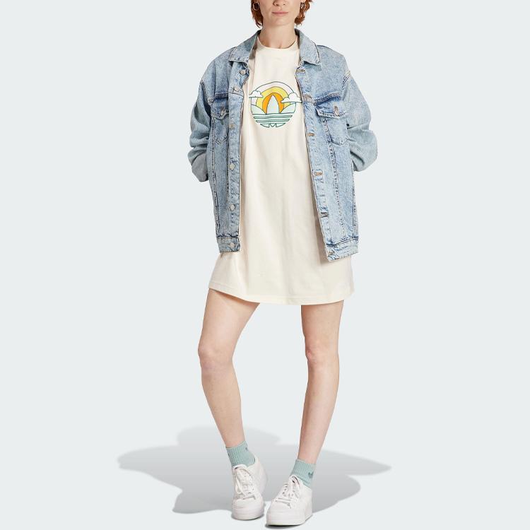 Adidas Originals Trefoil Tee Dress Cartoon Logo Print Sports Comfortable Casual Round Neck Short Sleeve Dress Women Dresses Wonder-White IN4138
