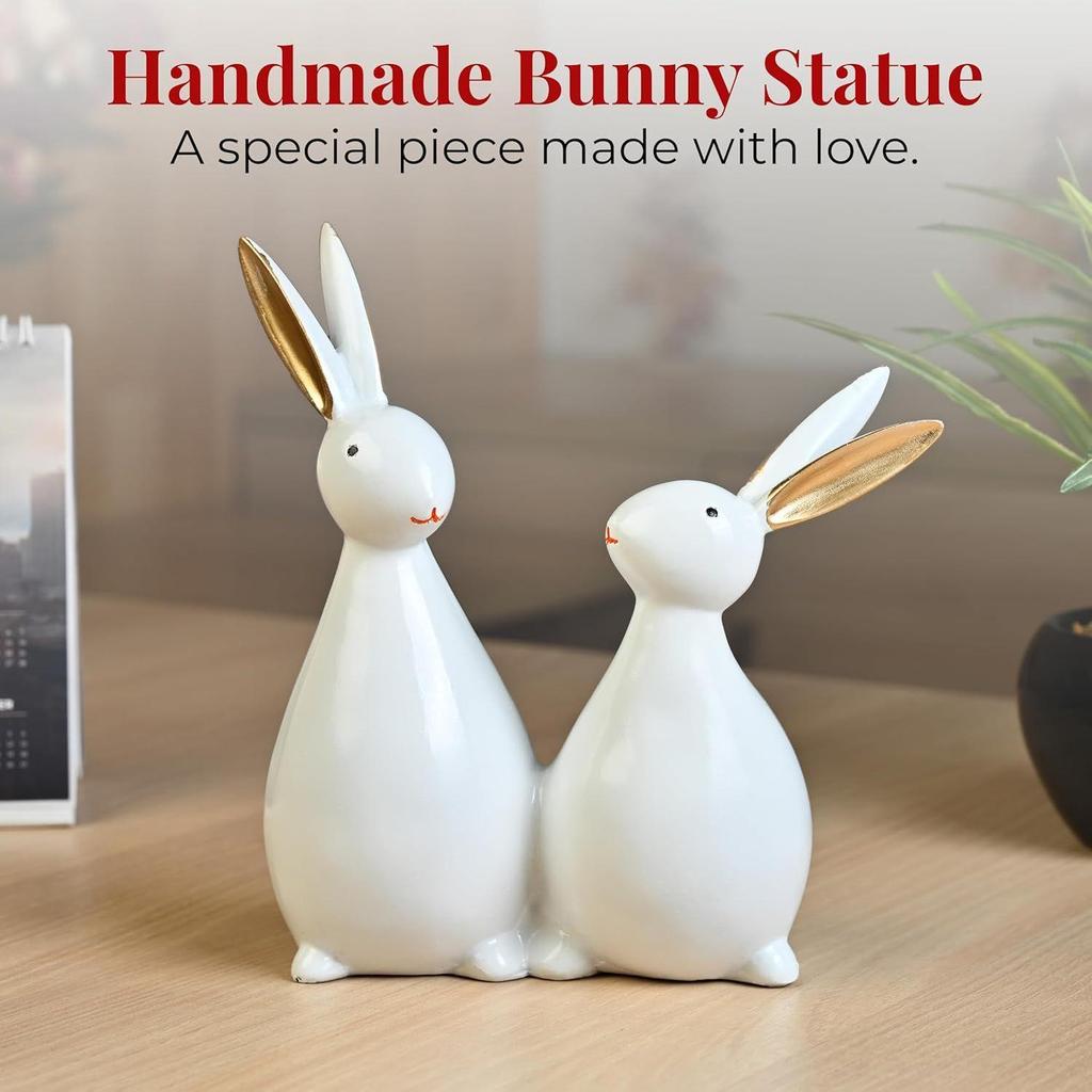 Cute White Rabbit Pair Showpiece – Decorative Bunny Figurines for Home, Bedroom, Living Room & Office Desk | Feng Shui Good Luck Gift,