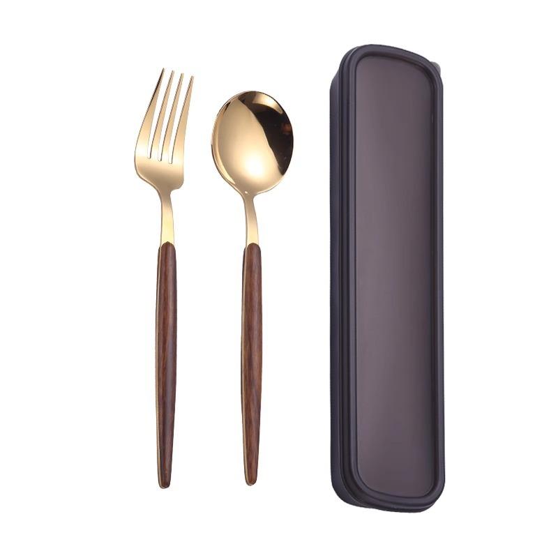 Stainless Steel Portable Tableware Wooden Chopsticks Spoon Fork Set Student Outdoor Picnic Convenience Box Three-piece Set