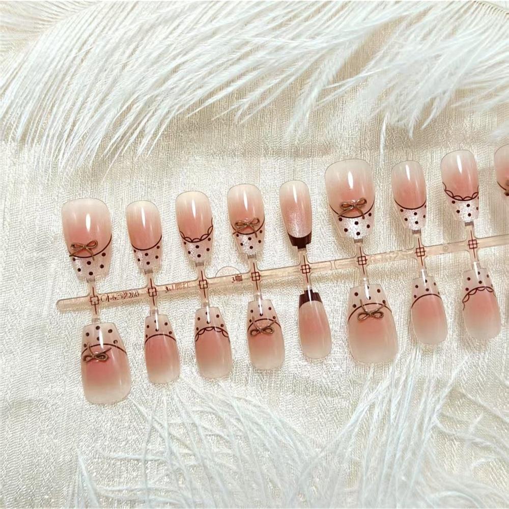 30 Pieces Of Premade Nude Powder Gradient Polka Dot French Bow Manicure Patches Wearable Nails Removable Fake Nails