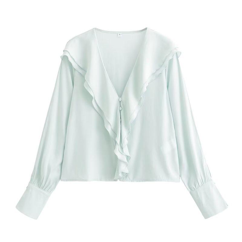 Kaslead New Arrival Women's Fashion Style Casual Minimalist Loose French Style V-neck Ruffles Long Sleeves Shirt