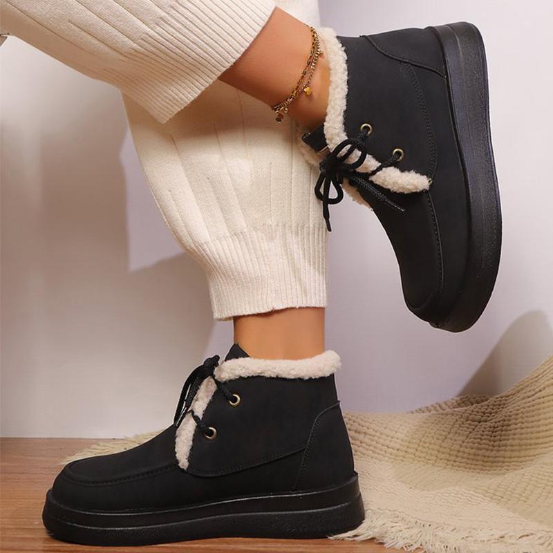 Fashion Retro Fleece Thick Warm Ankle Boots Women Lace Up Platform Snow Boots Woman Winter Pu Leather Short Plush Booties Female