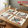 4/6pcs Rectangular Placemats - 18X12 Inches Vintage Blue Cart Floral Decorative Painting Pastoral Style 2D Element Pattern Design Easy-To-Clean Table
