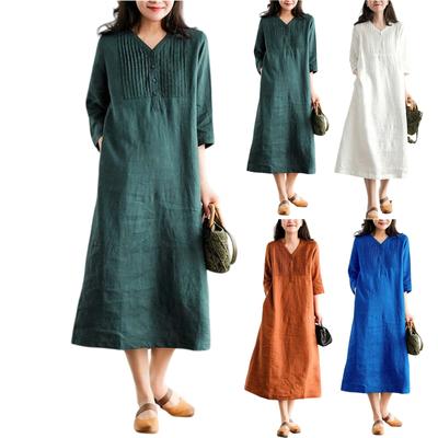 Women's Casual V-Neck Pleated Dresses With Pockets Long Dresses