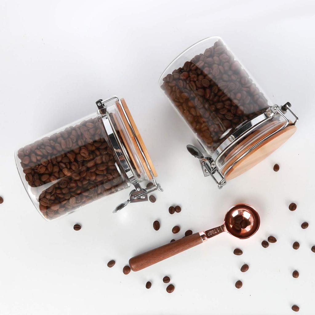 KKC Coffee Bean Storage Jar, 250g Coffee Beans, Powder, Sugar, Tea, Snow Peak Glass Canister, Airtight Storage Container, 800ml, Set of 2 + 1 Spoon