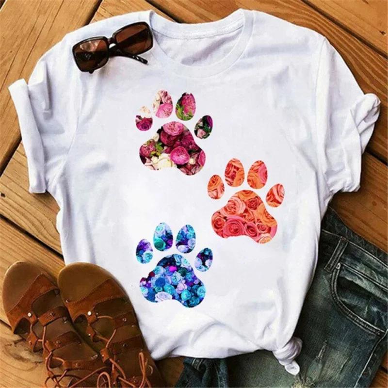 Women's Large Size Short Sleeve Crewneck T-Shirt Cartoon Hand-Painted Dog Paw Print Warm Polyester Fabric Summer Fashion