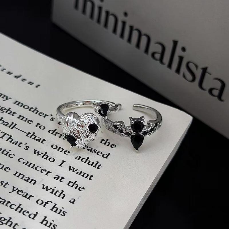 Irregular Love Dark Personality Black Zircon Bat Open Ring Niche Punk Stacked Ring Woman