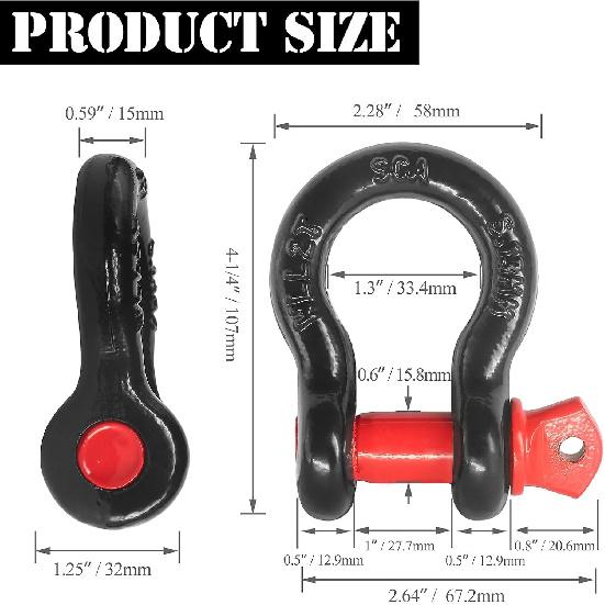 2 Pcs 1/2" D Ring Shackle 12 Ton (26,455 lbs) Maximum Break Strength with 5/8